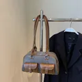 Retro grey canvas Boston bag with brown leather trim and two front flap pockets - Dark Tea Without Pendant