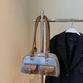 Retro grey denim Boston bag with brown leather handles and dual front pockets - Denim Blue Without Pendant
