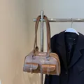 Retro Boston style shoulder bag in vintage brown faux leather with dual front buckle pockets - Coffee (Without Pendant)