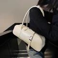 Minimalist cream white baguette bag with double shoulder straps and silver metal buckle - 37*10*13 / Off White