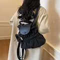 Sac à dos noir plissé pour femme avec petite pochette latérale assortie élégante - Noir