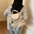 Sac à dos plissé crème pour femmes avec poignées à volants et mini pochette assortie - Kaki