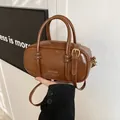 Chocolate brown glossy leather square handbag with top handle and gold zipper - No Pendant / Brown