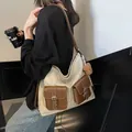 Vintage canvas tote bag with brown leather trim and two front pockets in off-white - With Charm / Off White