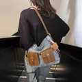 Gray tote bag with brown leather pockets and a cute teddy bear charm for daily use - With Charm / Denim Blue