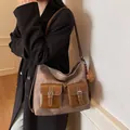 Retro dark brown tote bag in matte finish with functional pockets and bear charm - With Charm / Coffee