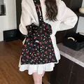 Black chiffon tote bag with red cherry and floral print in Japanese pastoral style - Cherry Chiffon Ruffle / Black