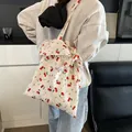 White cherry print tote bag with ruffled edges and magic pocket label for women - Cherry Chiffon Ruffle / White