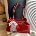 Red large capacity faux leather tote bag with white lace bow and pearl charm - With Pendant / Red