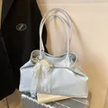 Light blue faux leather tote bag with elegant lace bow and pearl charm decoration - With Pendant / Blue