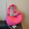 Bright pink ruched nylon shoulder bag with quilted spiral stitching and drawstring strap - 42x14x23 / Rose Pink