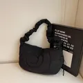 Black nylon cloud bag with quilted spiral pattern and ruched shoulder strap for women - 42x14x23 / Black