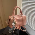Pink PU leather bowling bag with embossed letters, dual handles and cute charm - With Charm / Pink