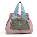 Pink and blue pleated mini handbag with a green front flap pocket and top handles - Pink