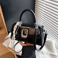 Minimalist black glossy small square bag with silver buckle and stylish pendants - 22x8x13cm / Black With Rabbit Pendant