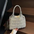 Bolso plateado de ganchillo con forro de cordón para vacaciones de verano en la playa - Estilo 1 (Rayas Verticales) / Plateado