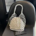 Bolso de malla plateado tejido a mano con forro de crema para vacaciones de verano - Estilo 2 (Celosía de Diamantes) / Plateado