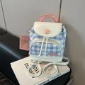 Mini mochila de cuadros azules y blancos con asa rosa y bordado de manzana - 19*9*21 / Azul