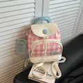Minimochila de cuadros rosa y blanco con asas azul claro y portatarjetas a juego - 19*9*21 / Rosa