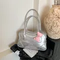 Bolso tote plateado metalizado con lazo rosa y asas largas para mujer moda - Plateado