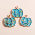 Handmade Halloween blue pumpkin pendants with gold frames and star glitters for DIY jewelry - Blue