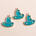 Three gold wizard hat charms with blue enamel and star details for DIY jewelry making - Blue