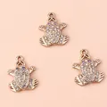 Three gold frog pendants with white and purple rhinestones for DIY jewelry making - Gold
