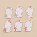 Cartoon bear tea charms in blue and pink heart designs for DIY jewelry making - Mixed