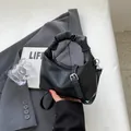 Fashionable black dumpling bag with lychee texture and ruffled handle for women - No Pendant / Black