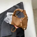 Brown lychee pattern PU leather handbag with trendy knotted handle and adjustable strap - No Pendant / Brown
