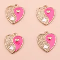 Chinese Tai Chi Yin Yang heart charms in gold and pink enamel for DIY jewelry making - Pink