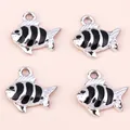 Detail of silver alloy fish charms with black drip oil stripes for DIY jewelry making - 10 Pieces/Pack / Silver Black