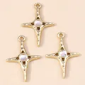 Golden cross star pendants with hammered texture and opal-like stones for DIY jewelry - Gold