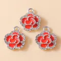 Three red enamel rose flower pendants with sparkling rhinestones for DIY jewelry making - Silver Red