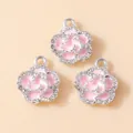 Pink enamel rose flower pendants with sparkling rhinestones for DIY jewelry making - Silver Pink