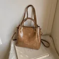 Brown textured PU leather handbag with contrast stitching and golden hardware accessories - Basic Style / Yellow Brown