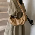 Minimalist camel brown leather hobo bag with large capacity and soft pleated texture - Khaki