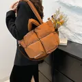 Caramel large quilted puffer tote bag with thick handles and adjustable shoulder strap - Brown