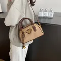 Vintage khaki and brown contrast bowling bag with a stylish metal triangle plate - 21*7.5*14 / Brown with Pendant