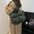 Quilted forest green puffer tote bag with adjustable shoulder strap for women - Green