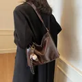 Dark brown faux leather tote bag with glossy finish and cute ice cream charm - Coffee With Charms