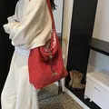 Red plush tote bag with tweed texture, plaid lining and drawstring detail - 38x10x34cm / Red (Shoulder Style)