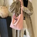 Pink plush tote bag with drawstring detail and vintage plaid lining for winter - 38x10x34cm / Shoulder Pink