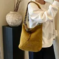 Mustard yellow plush tote bag with vintage check lining and leather label detail - 38x10x34cm / Shoulder Yellow
