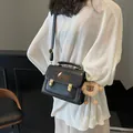 Minimalist black PU leather square bag with dog patch and lion plush charm for women - Black With Pendant