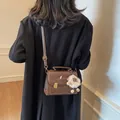 Vintage dark brown square crossbody bag with dachshund embroidery and white pompom charm - Brown With Pendant