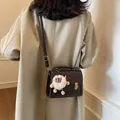 Deep coffee vintage square bag with cute embroidery and white plush pendant accessory - Coffee With Pendant