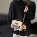 Retro cream and brown crossbody square bag with dachshund embroidery and plush pendant - Beige With Pendant
