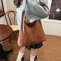 Women's large dark brown suede tote bag with teddy bear charm and checkered scarf - Brown with Pendant