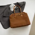 Deep brown matte suede tote bag with leather handles and decorative buckle detail - No Pendant / Brown